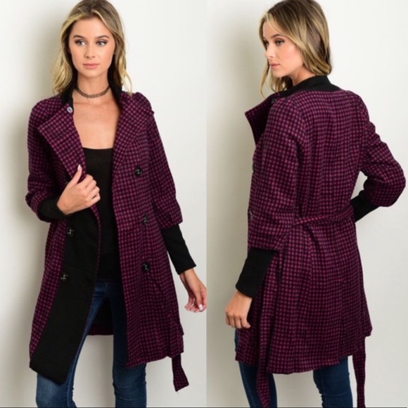 Jackets & Blazers - Magenta Black Long Belted Coat